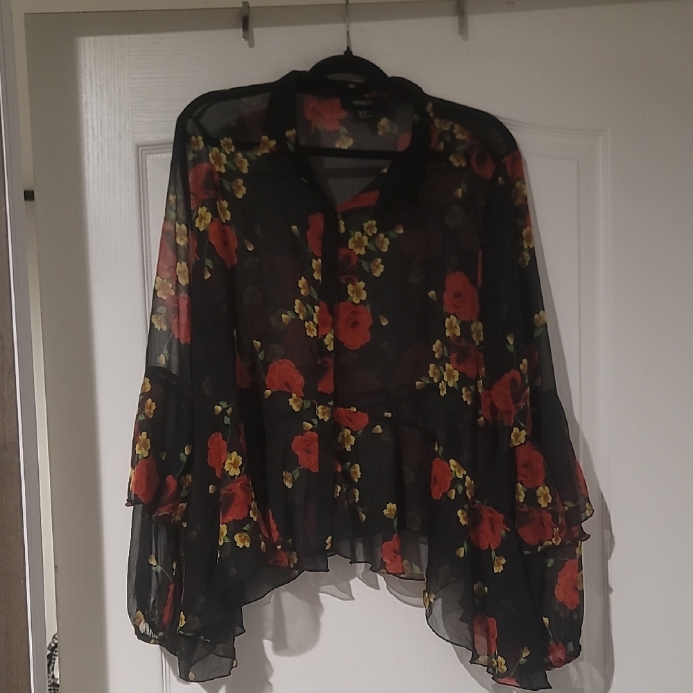 Forever 21 Red and Yellow Asymmetrical Ruffled Sheer  Blouse Size 2X